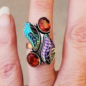 New Carved Rainbow Hematite & Garnet 925 Silver Ring.